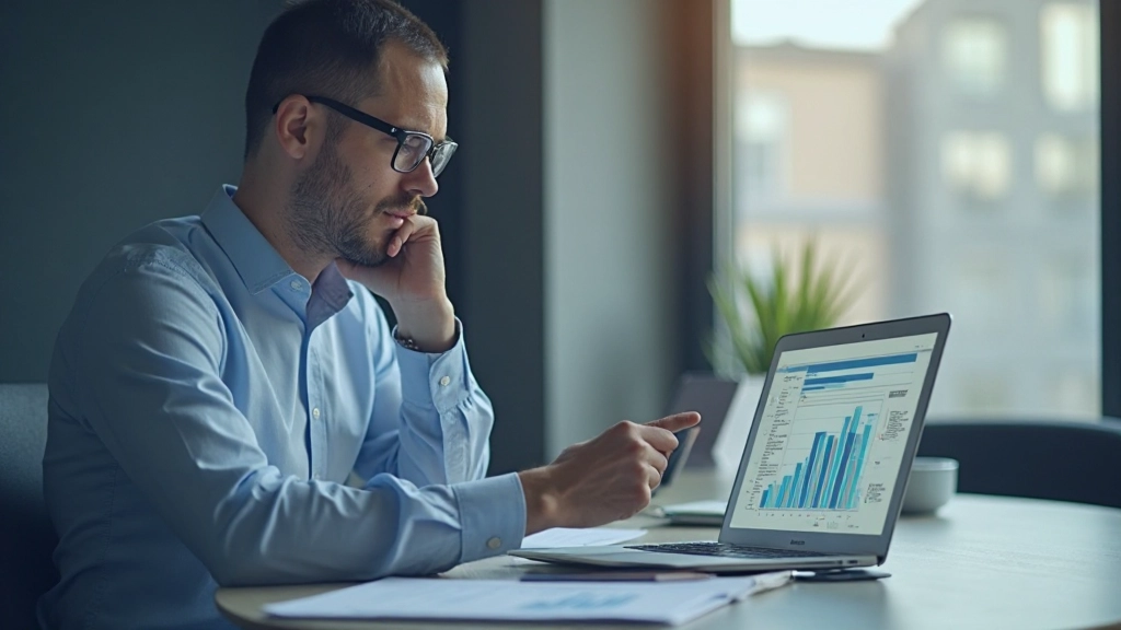 Профессионал работает с данными и аналитикой, используя компьютер и документы