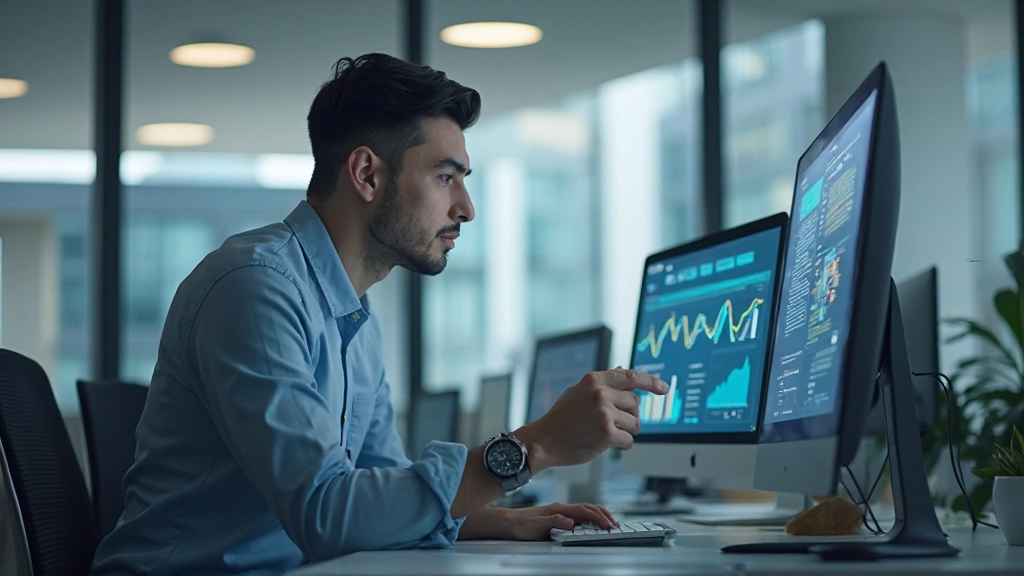 Профессионал анализирует данные и информацию на компьютере