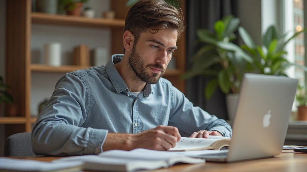 Молодой человек за ноутбуком, активно учащийся и осваивающий новые навыки с помощью современных методик обучения