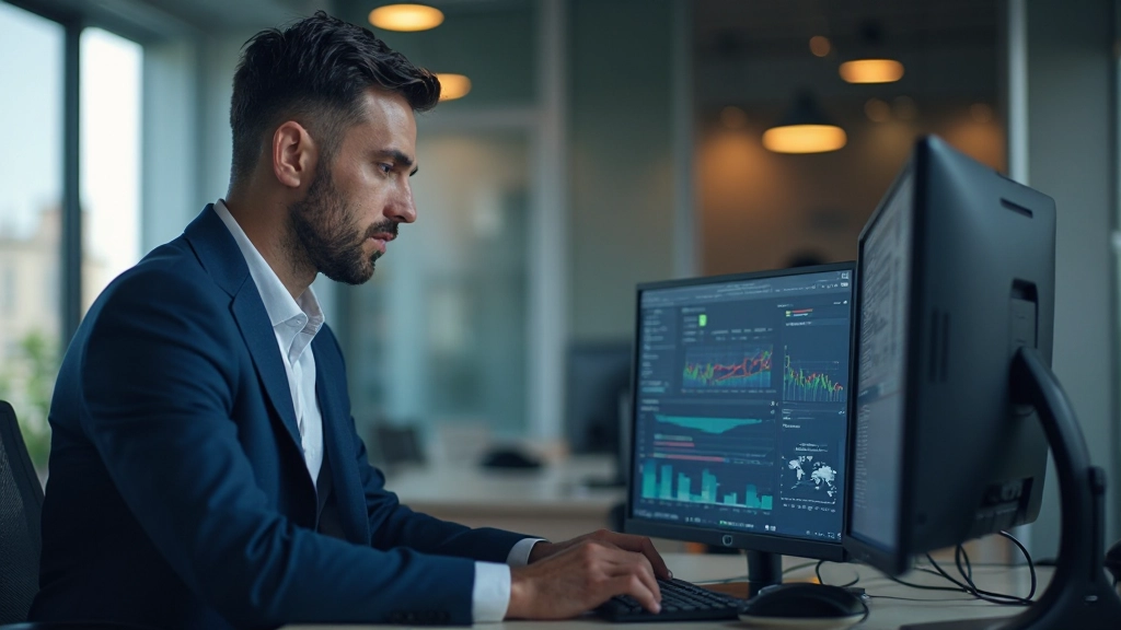 Деловой человек анализирует данные на экране компьютера в офисе